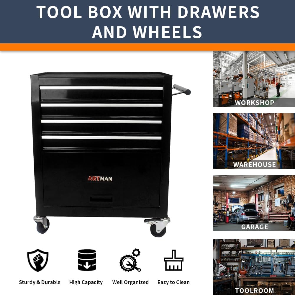 4-Drawer Black Tool Box on Wheels, Rolling Tool Cart, Lockable Home Repair Tool Storage Organizer for Mechanic, Garage