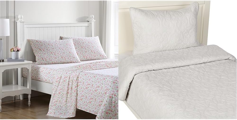 Laura Ashley - Twin/Twin XL Bedding Bundle, Reversible Comforter with Matching Sham & Cotton Percale Sheet Set, Deep Pocket, Dorm Essentials (Grey/Pink)