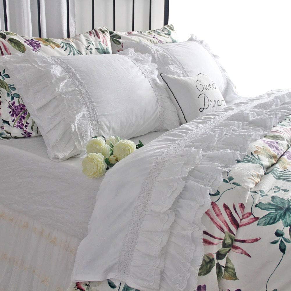 QSH Luxury Eyelet Lace Ruffle Sheets Set King Size French Country Bedding 100% Washed Cotton Shabby Bed Sheet 4pcs Deep Pockets Ruffled Bed Sheets