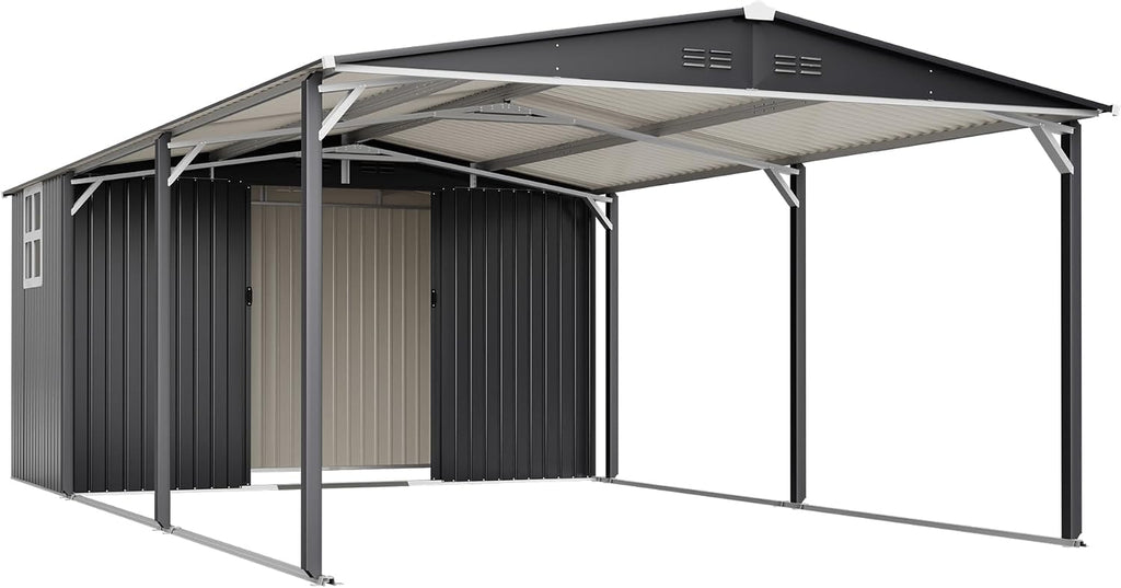 KEIKI 12x23 FT Heavy Duty Metal Carport with Storage Shed, Steel Garage Shelter with Sliding Door, Waterproof Sloped Roof, UV Protection Panels, Outdoor Car Canopy for Car, Boat, Tractor