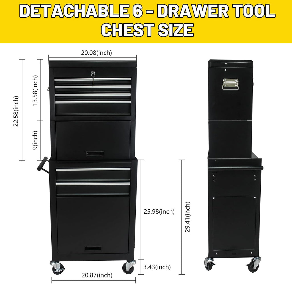 Rolling Tool Chest with 6 Drawers, Lockable Steel Tool Cabinet on Wheels with Detachable Top Box, Garage Workshop Storage Organizer, 2-in-1 Tool Box