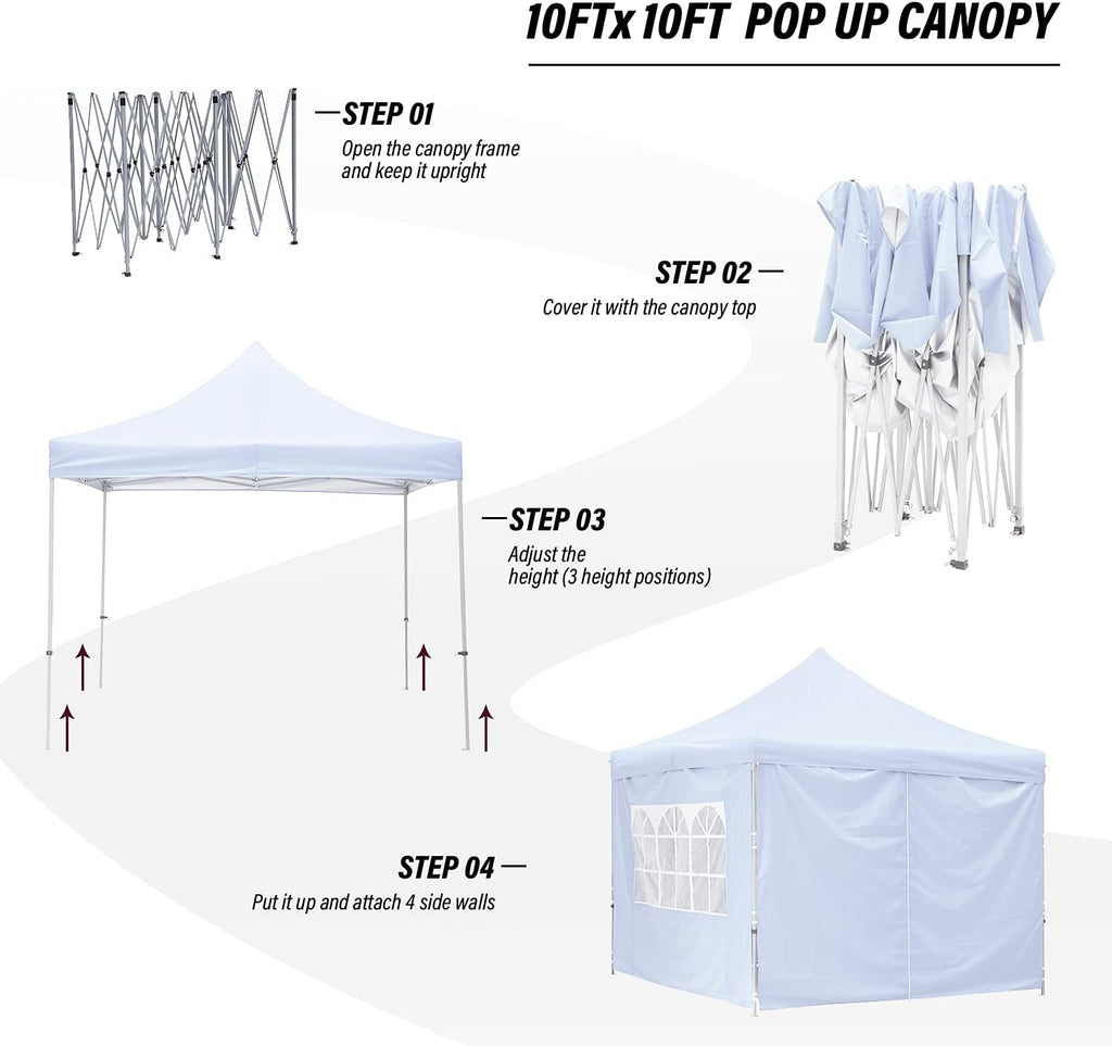 GDY 10x10 Ft Outdoor Pop Up Canopy Tent, Commercial Portable Instant Folding Shelter Gazebos Waterproof Canopies with Carrying Bag, (White)