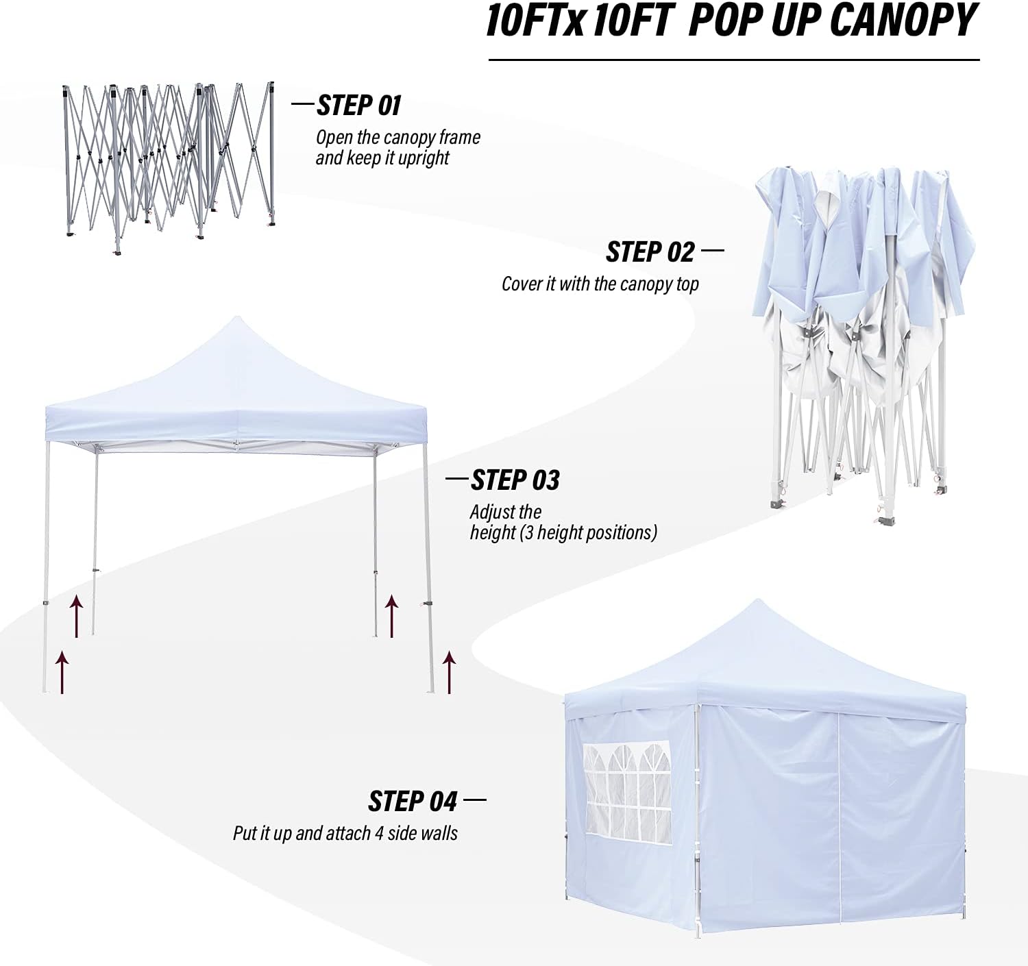 GDY 10x10 Ft Outdoor Pop Up Canopy Tent, Commercial Portable Instant Folding Shelter Gazebos Waterproof Canopies with Carrying Bag, (White)