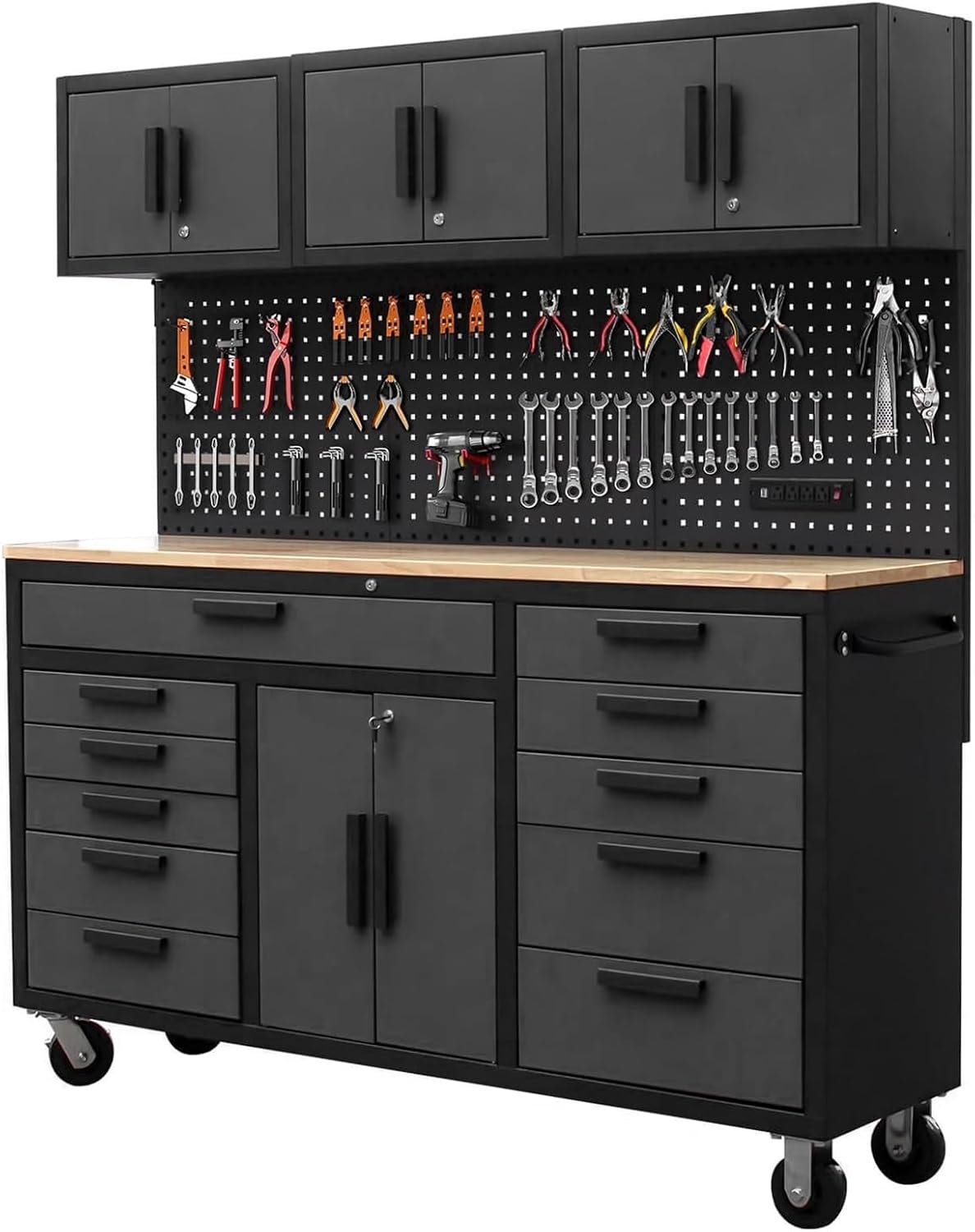 BIG RED 72in Rolling Tool Chest Cabinet Mobile Garage Workbench Heavy-Duty Tool Cabinet on Wheels with 11 Drawers, Pegboard & Power Strip for Tool Organization