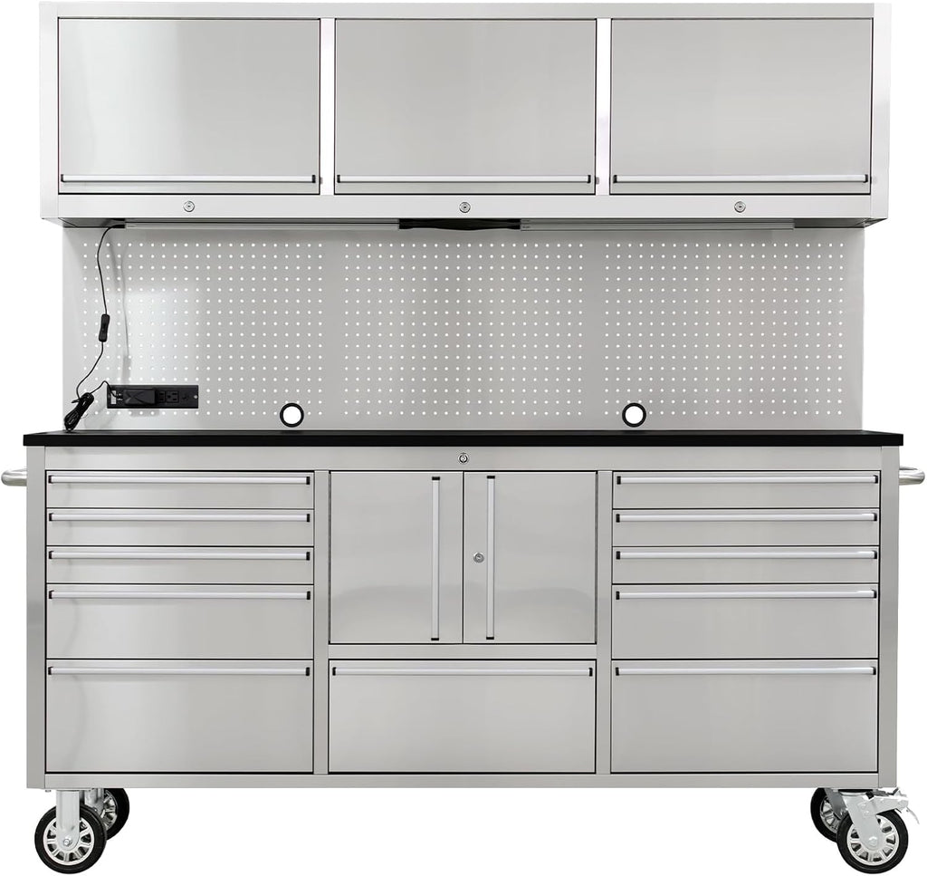 CHETTO C Tool Box Tool Chest with Wheels Mobile 15 Drawer Storage 3 Upper Cabinet Power Outlet SS-Pegboard with Wheels Lock Key Locking System Drawer Liners Light 72 inch