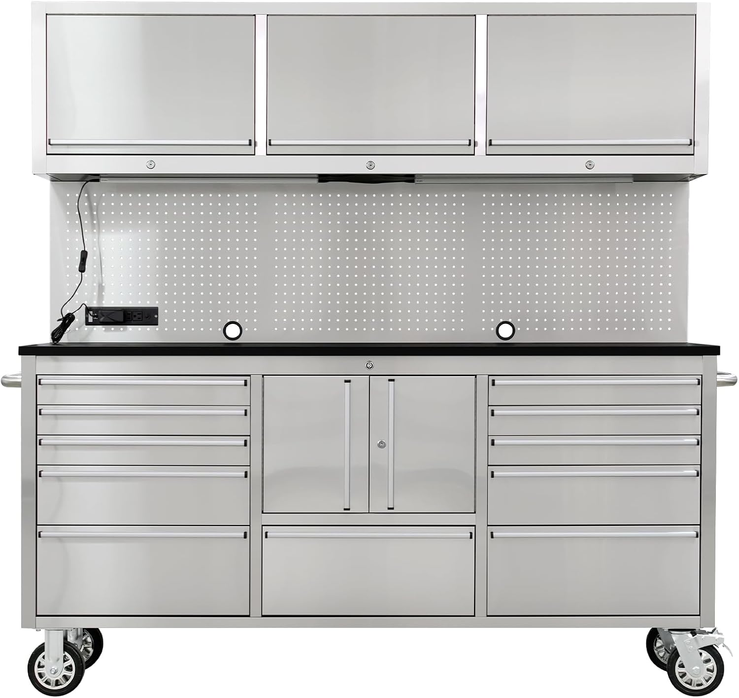 CHETTO C Tool Box Tool Chest with Wheels Mobile 15 Drawer Storage 3 Upper Cabinet Power Outlet SS-Pegboard with Wheels Lock Key Locking System Drawer Liners Light 72 inch