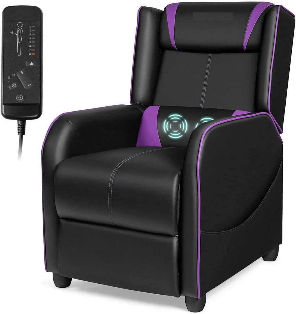 LDAILY Massage Recliner Chair, Racing Style Gaming Chair w/Massage Lumbar Cushion, Footrest & Headrest, Ergonomic PU Leather Single Recliner Sofa for Living Room Home Office (Purple)