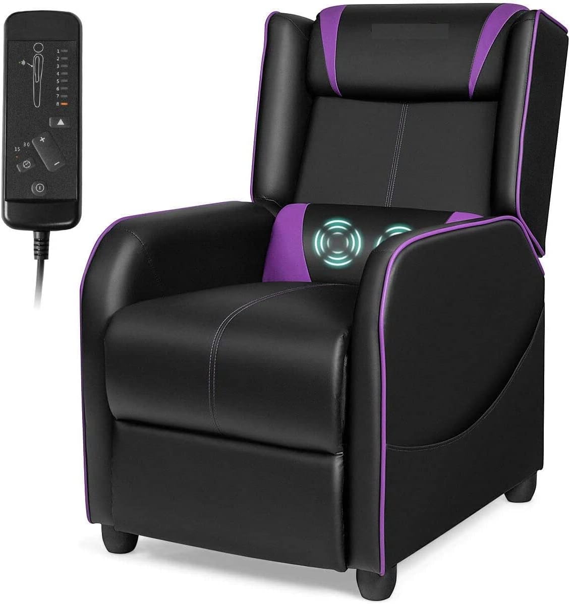 LDAILY Massage Recliner Chair, Racing Style Gaming Chair w/Massage Lumbar Cushion, Footrest & Headrest, Ergonomic PU Leather Single Recliner Sofa for Living Room Home Office (Purple)