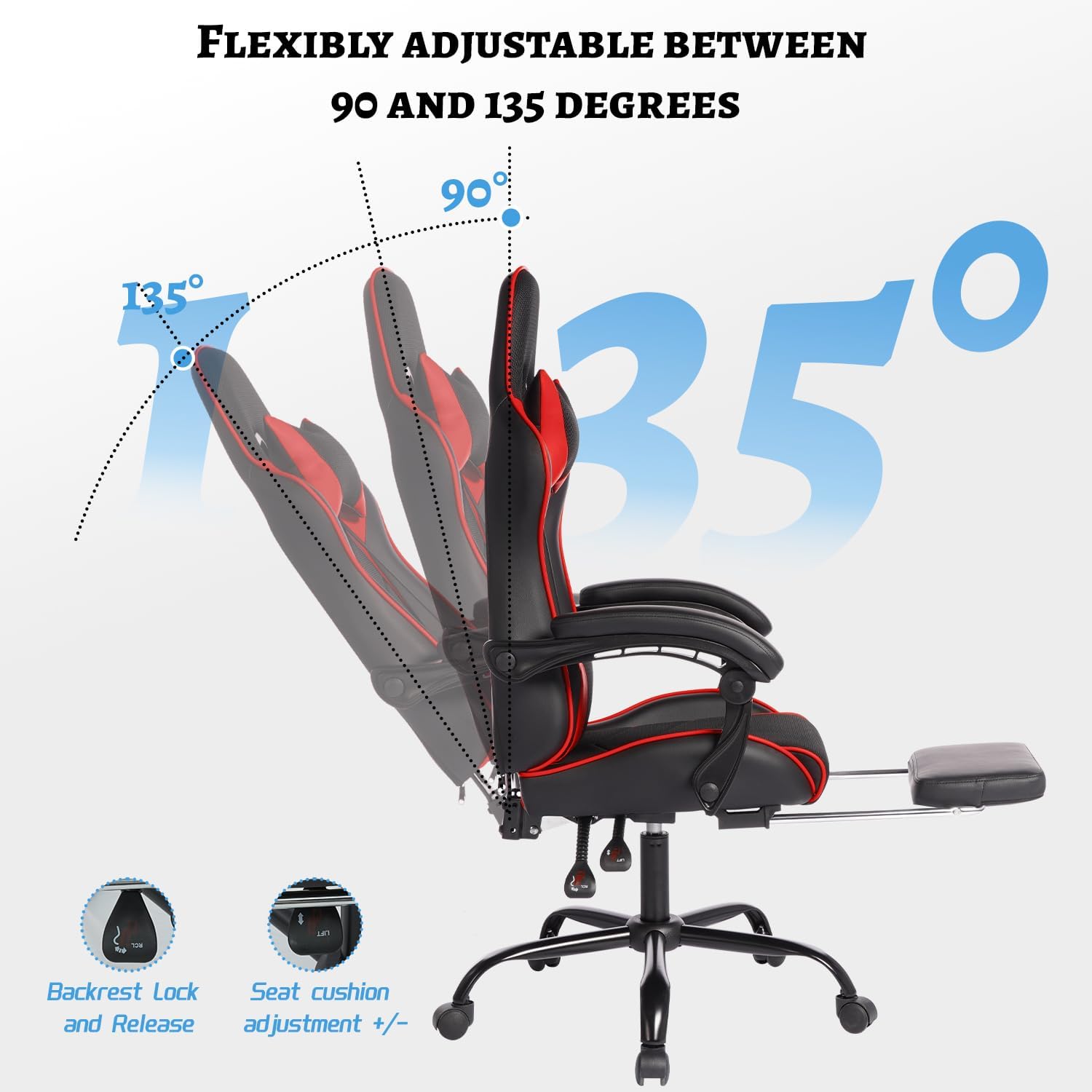 450lbs Big and Tall Gaming Chair with Footrest – Heavy Duty Wide Seat Video Game Chair for Adults, Reclining PU Leather High Back Computer Office Desk Chair with Lumbar Support (Model F, Black+Red)