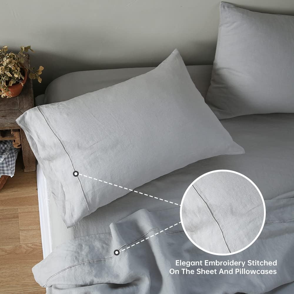Simple&Opulence 100% Linen Sheet Set with Embroidery Washed - 4 Pieces (1 Flat Sheet & 1 Fitted Sheet & 2 Pillowcases) Natural Flax Soft Bedding Breathable Farmhouse - Light Grey, Full Size