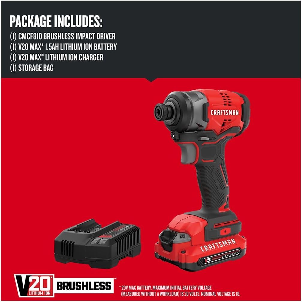 CRAFTSMAN V20 Cordless Impact Driver Kit, 1/4 inch, Battery and Charger Included (CMCF810C1)