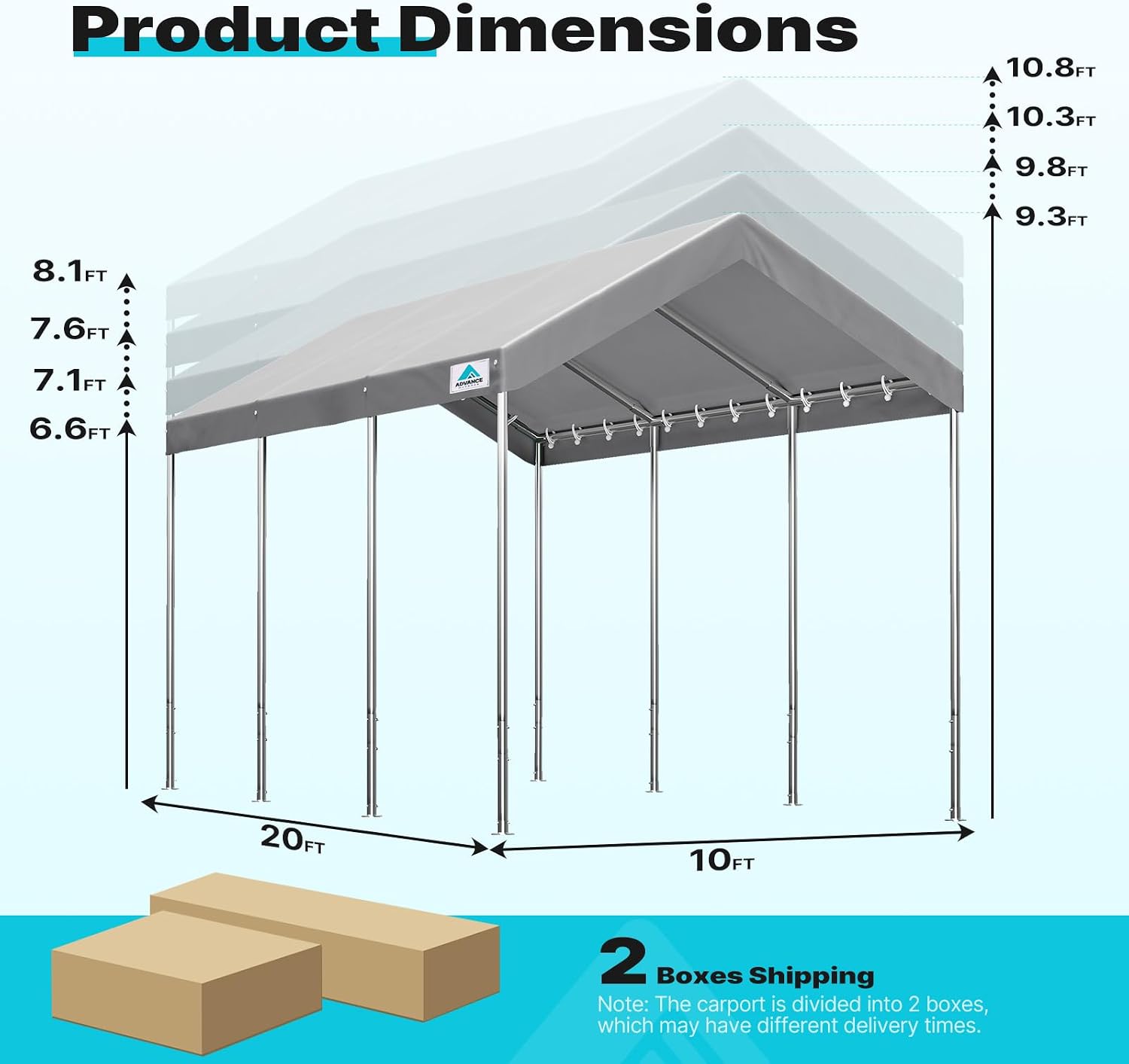 ADVANCE OUTDOOR 10x20 ft Heavy Duty Carport Potable Car Canopy Garage Party Tent Boat Shelter, Adjustable Height from 9.5 ft to 11 ft - Gray