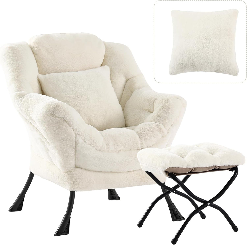 Lazy Chair with Ottoman, Large Lvory Accent Chair with Ottoman and FA Throw Pillow, Comfy Plush Reading Chair for Living Room Bedroom Dorm Room Office Apartment Relaxing Use
