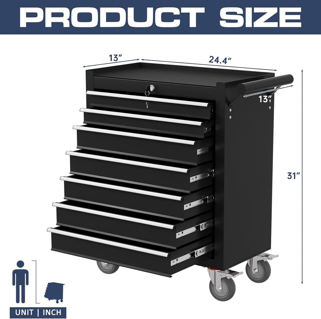 7-Drawer Tool Chest,Rolling Tool Cart with Wheels,High Capacity Tool Cabinet with Locking System for Garage, Warehouse, Workshop-Black