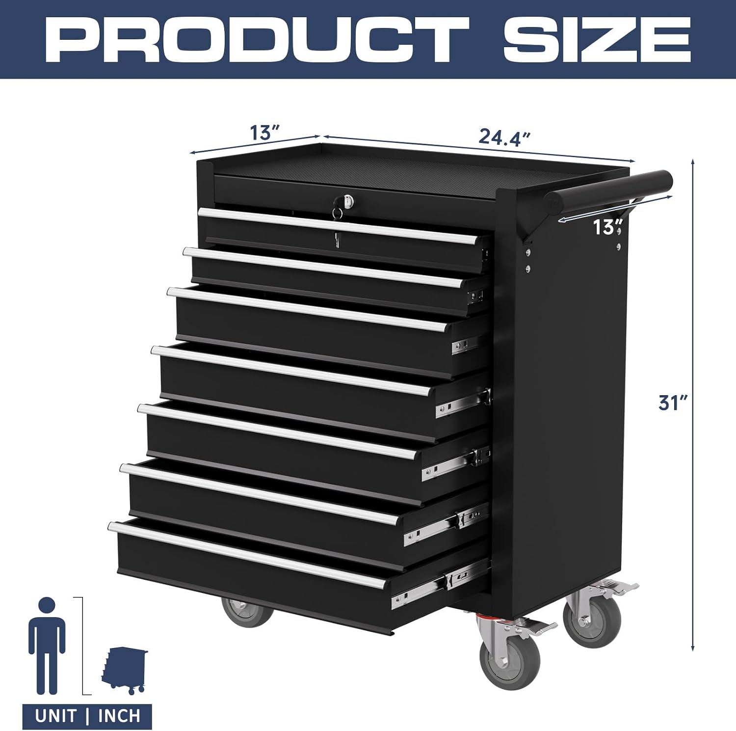 7-Drawer Tool Chest,Rolling Tool Cart with Wheels,High Capacity Tool Cabinet with Locking System for Garage, Warehouse, Workshop-Black