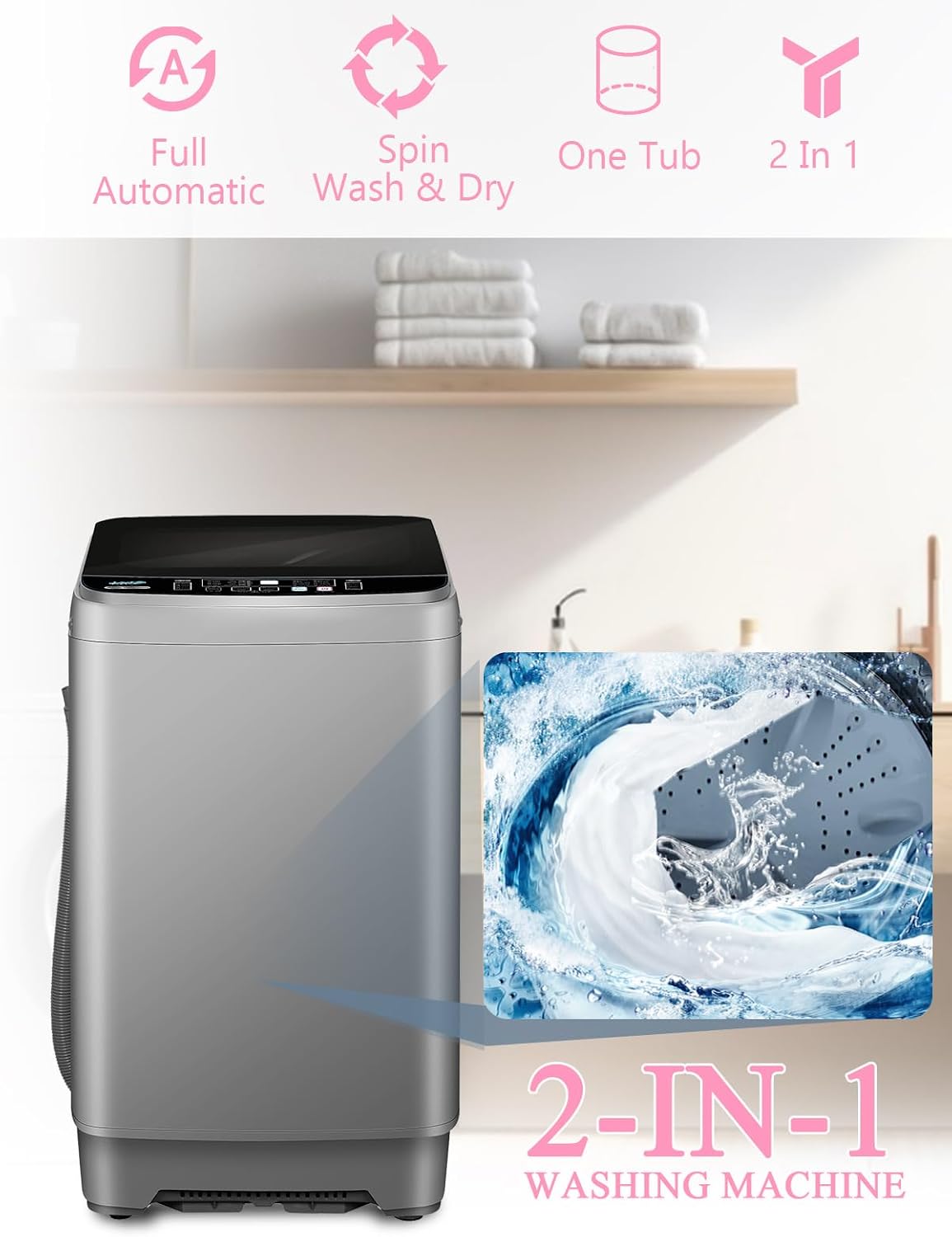 KRIB BLING Full Automatic Washing Machine with LED Display, 25 lbs Portable Washer Drain Pump, 10 Programs & 8 Water Levels Selections, Ideal for RV, Camping, Apartment, Dorm, Dark Grey