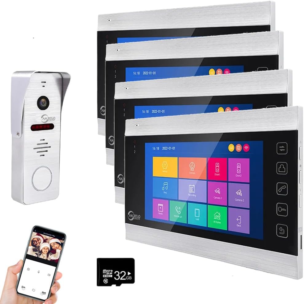 WiFi Video Intercom System with 1080P 160°Wide HD Camera 7 lnch Wired Screen Monitor with Night Vision Motion Detect for Vally Apartment,Tuya (one doorbell,Four Monitor)