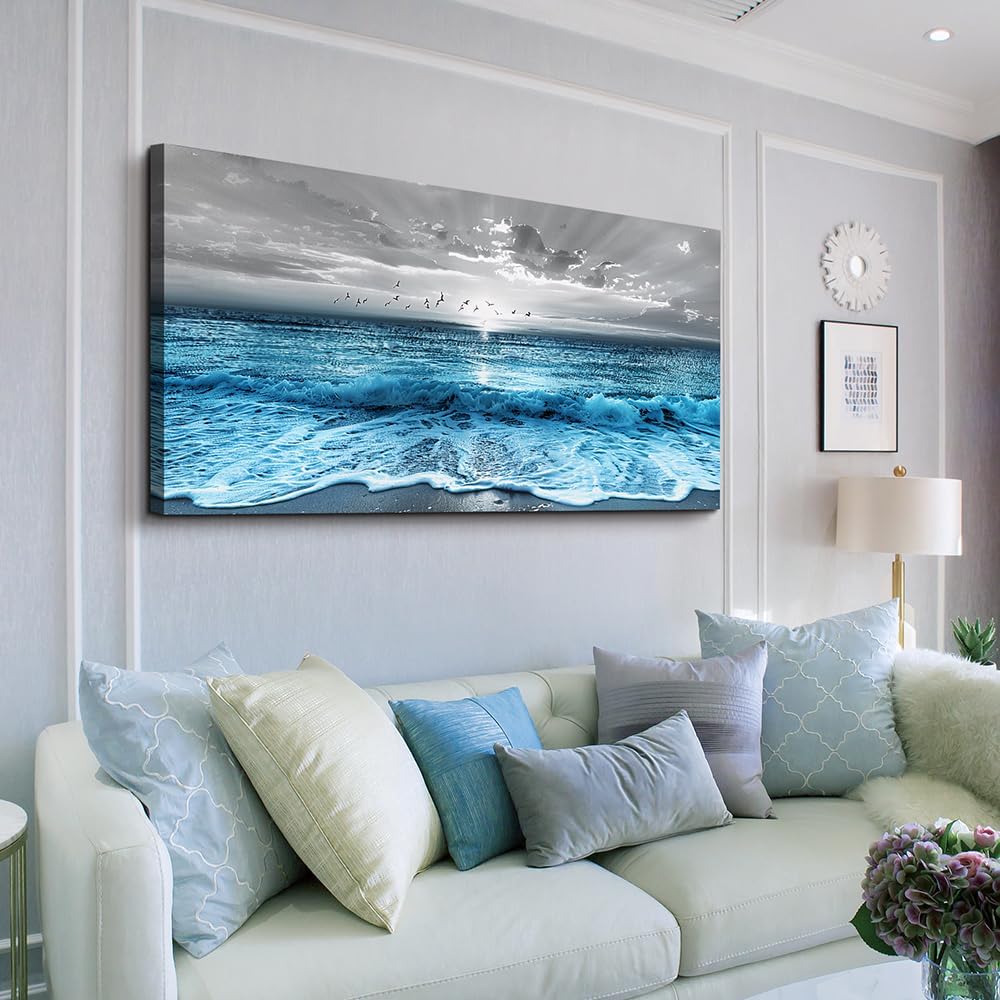 ERQINHUA Large Canvas Printed Artworks Mural Wall Decor For Living Room Wall Art For Bedroom Office Restaurant Decoration Blue Sea Wave Ocean Paintings Beach Wall Pictures Modern Home Decor 30'X60'