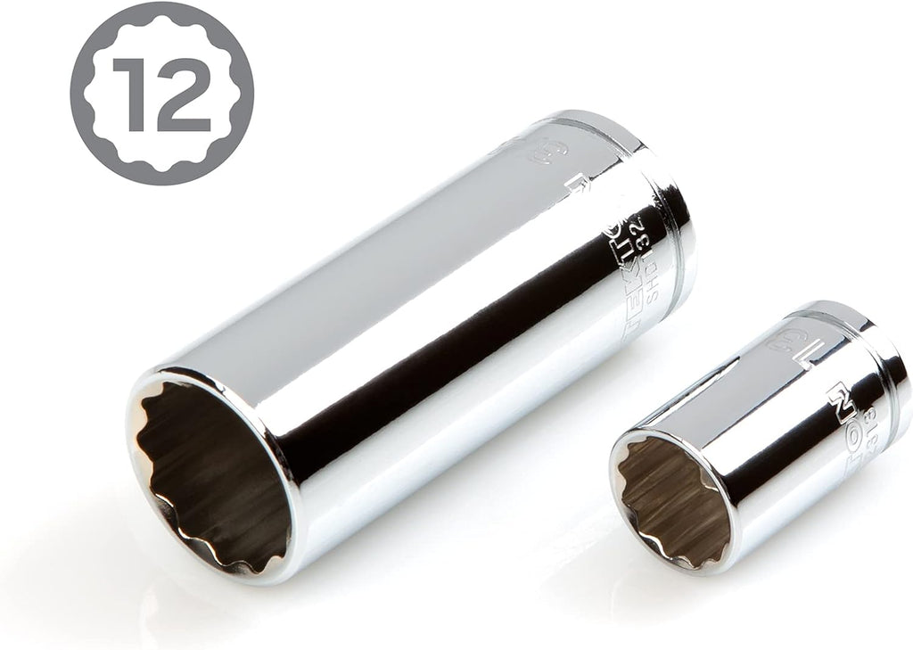 TEKTON 3/8 Inch Drive Shallow and Deep 12-Point Socket and Ratchet Set with Case, 46-Piece (5/16-3/4 in., 8-19 mm) | SKT15302