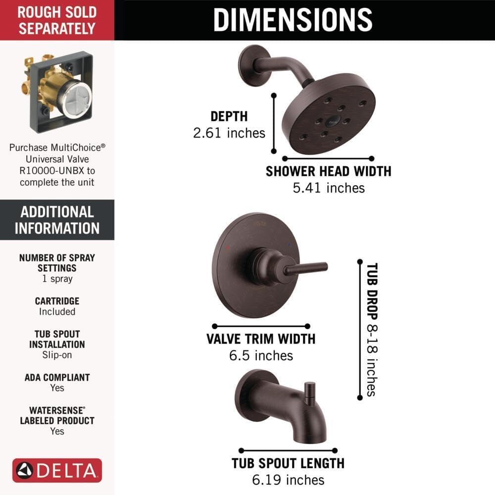 Delta Faucet Trinsic 14 Series Single-Function Tub and Shower Trim Kit with Single-Spray H2Okinetic Shower Head, Venetian Bronze T14459-RB (Valve Not Included)
