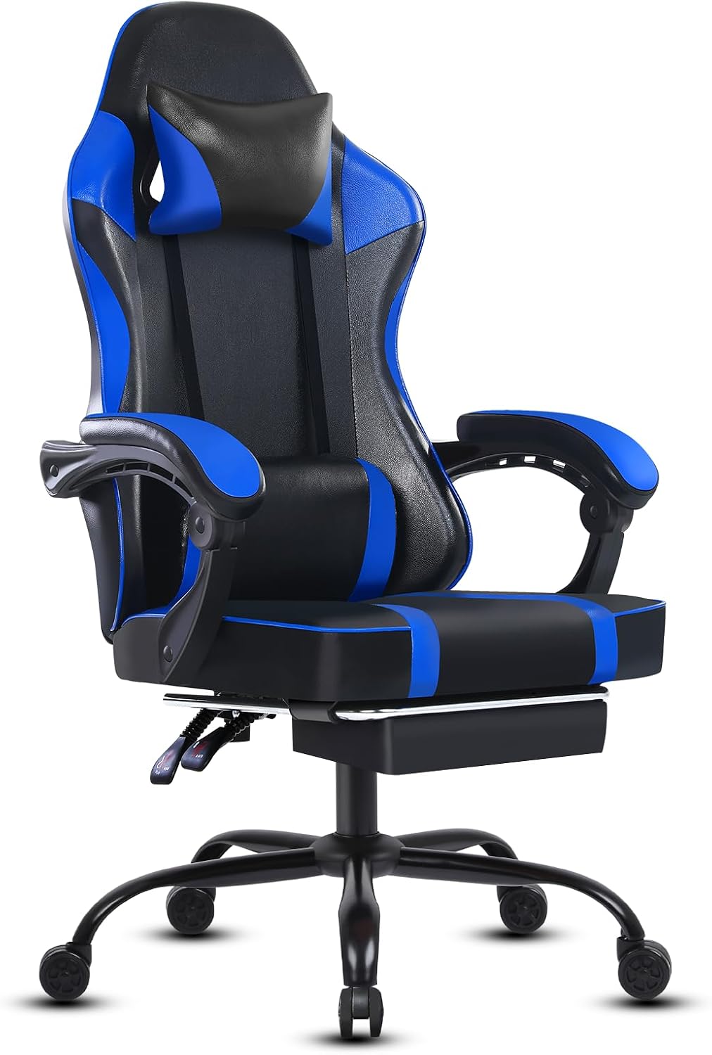 450lbs Big and Tall Gaming Chair with Footrest – Heavy Duty Wide Seat Video Game Chair for Adults, Reclining PU Leather High Back Computer Office Desk Chair with Lumbar Support (Model F, Black+Blue)