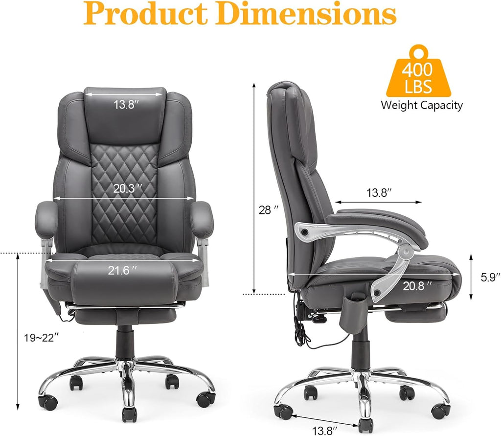 HOMREST 6-Point Massage Office Chair with Heat, Executive Office Chair with Footrest, Leather Computer Desk Chair with 135°Reclining Backrest for Home Office, Grey
