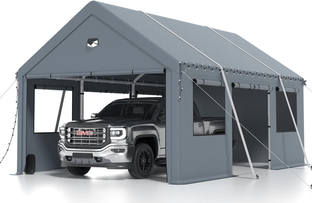 Carports Heavy Duty 10X16，Portable Car Port Garage，Carport Canopy with Side Doors，Outdoor Car Shelter All Weather,Gray