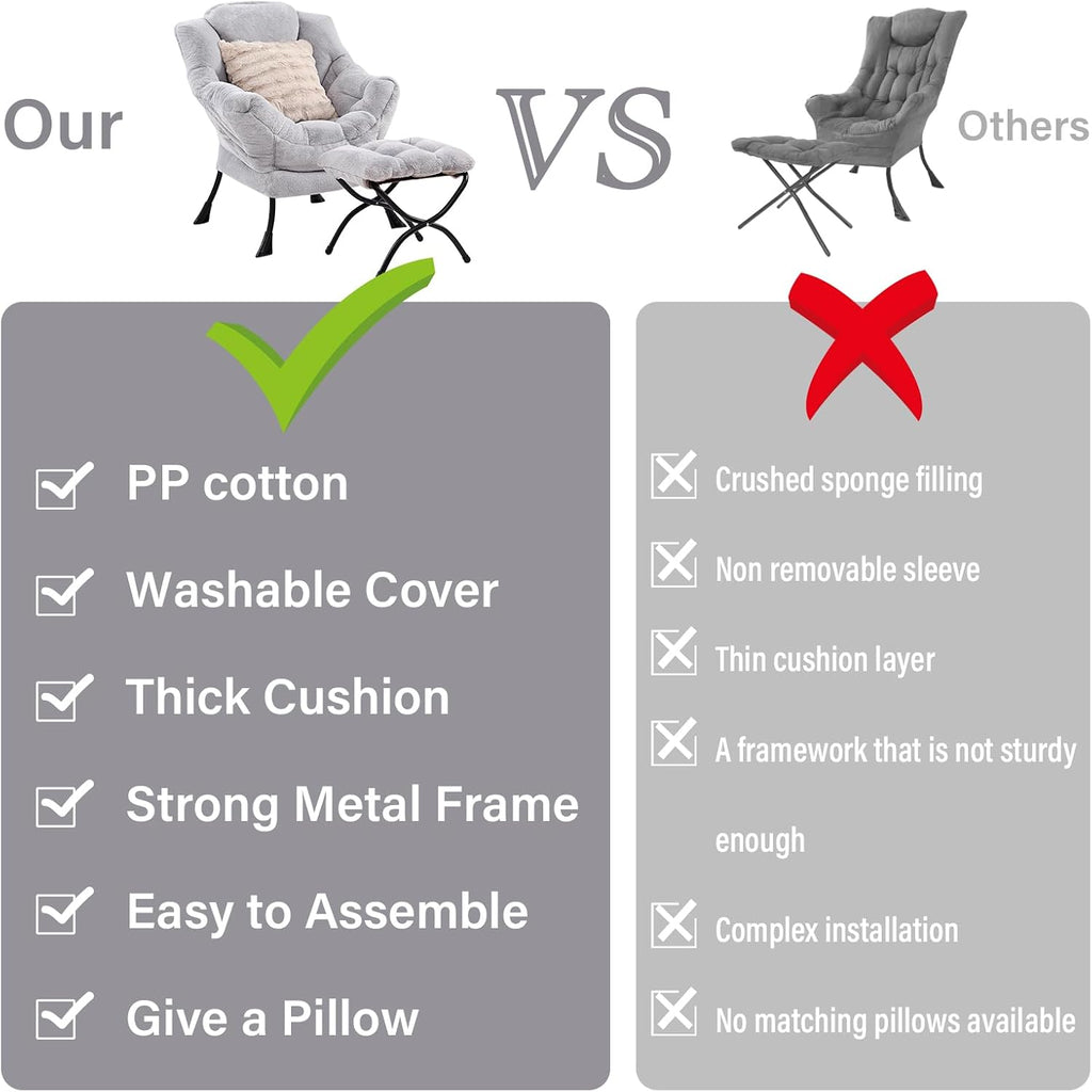 Lazy Chair with Ottoman, Large Light Grey Accent Chair with Ottoman and FA Throw Pillow, Comfy Plush Reading Chair for Living Room Bedroom Dorm Room Office Apartment Relaxing Use