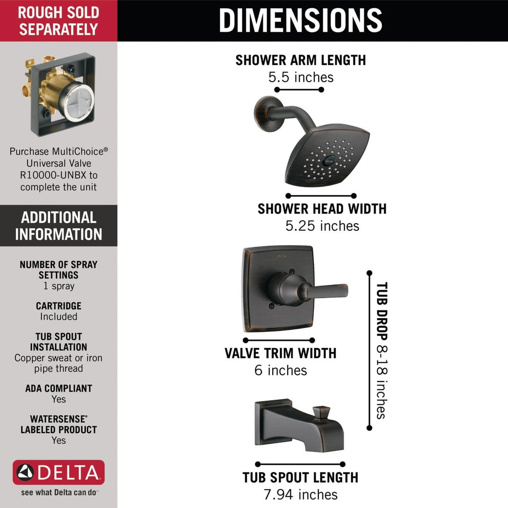 Delta Faucet Ashlyn 14 Series Single-Handle Tub and Shower Trim Kit, Shower Faucet with Single-Spray Touch-Clean Shower Head, Venetian Bronze T14464-RB (Valve Not Included)