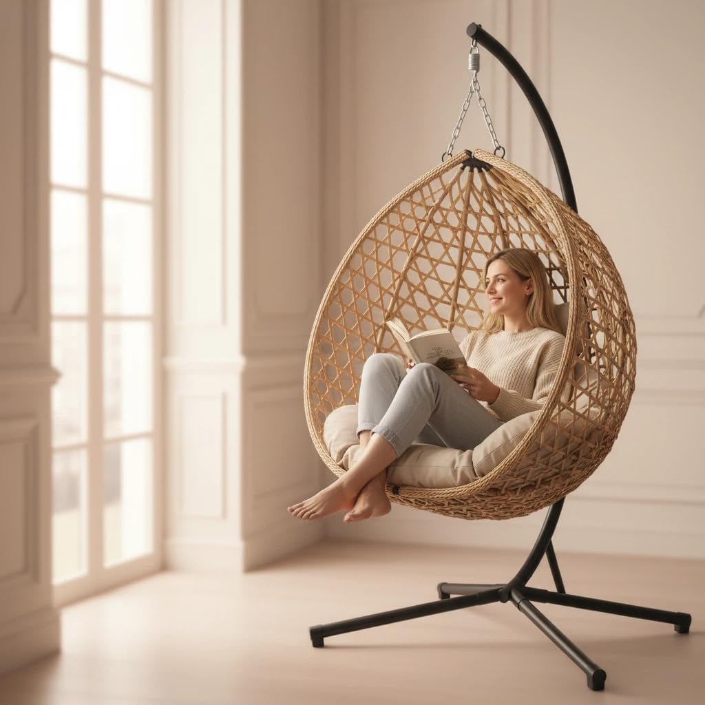 RUN.SE Hanging Egg Chair with Stand, Outdoor Indoor Egg Swing Chair with Cushion Headrest for Patio, Porch, Balcony, Bedroom, 350LBS Capacity (Dark Brown)