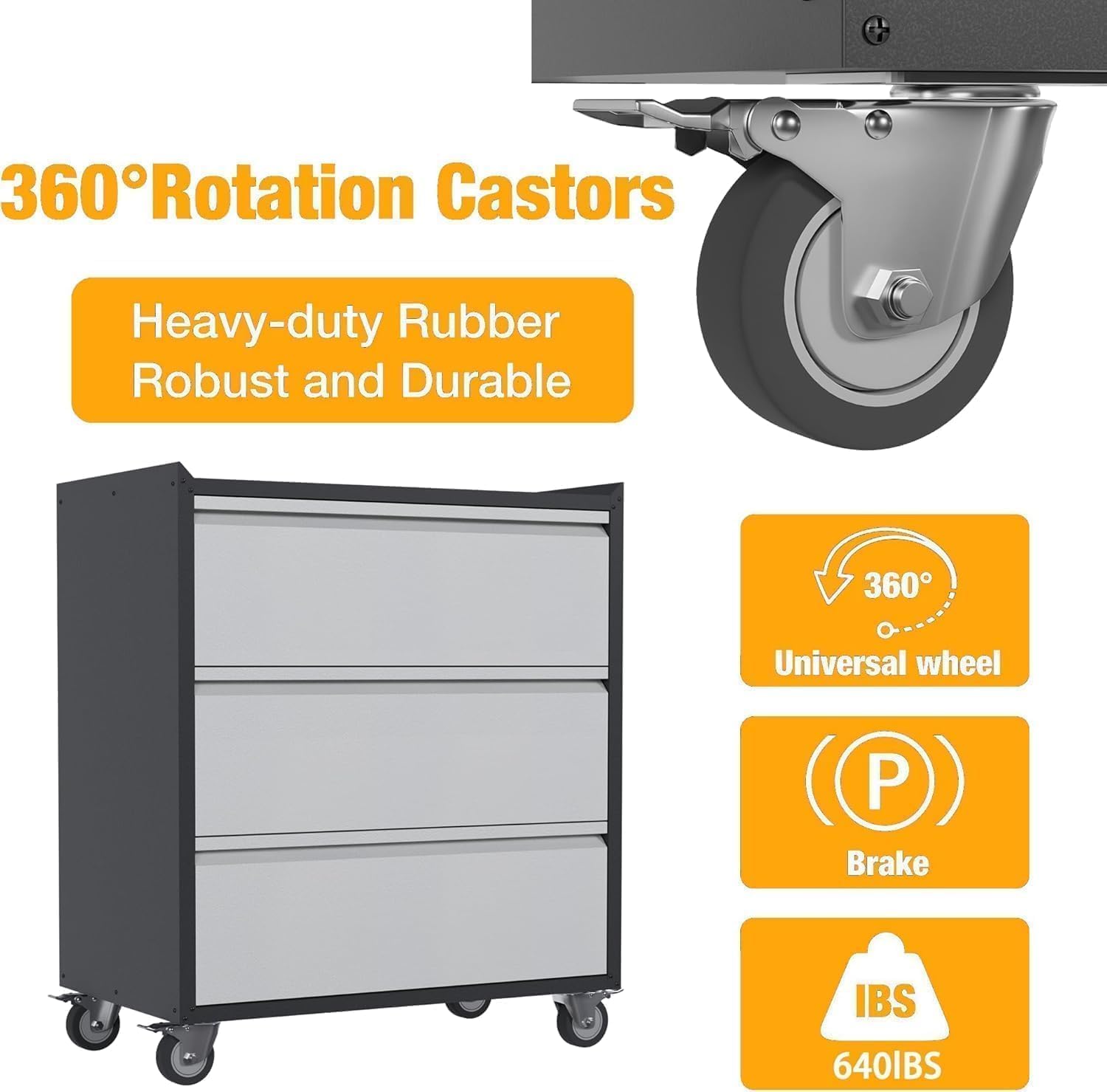 Metal Storage Cabinet with 3 Drawers on Wheels, 35.4' H Workbench Mobile Tool Chests Garage Cabinets for Garage, Workshop, Home, Office, Shop, Warehouse, Black+Grey