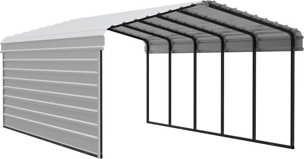 Arrow Carports Galvanized Steel Carport, with 1-Sided Enclosure, Compact Car Metal Carport Kit, 12' x 24' x 7', Eggshell