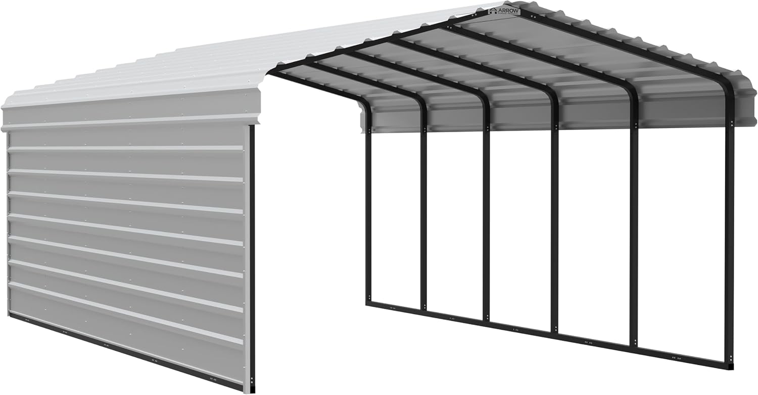 Arrow Carports Galvanized Steel Carport, with 1-Sided Enclosure, Compact Car Metal Carport Kit, 12' x 24' x 7', Eggshell