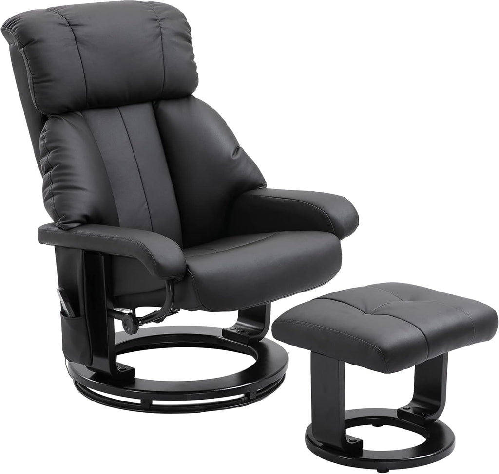 HOMCOM Massage Recliner Chair with Ottoman, 360° Swivel Recliner and Footstool, 10 Point Vibration, PU Leather Reclining Chair with Side Pocket and Remote Control, Black