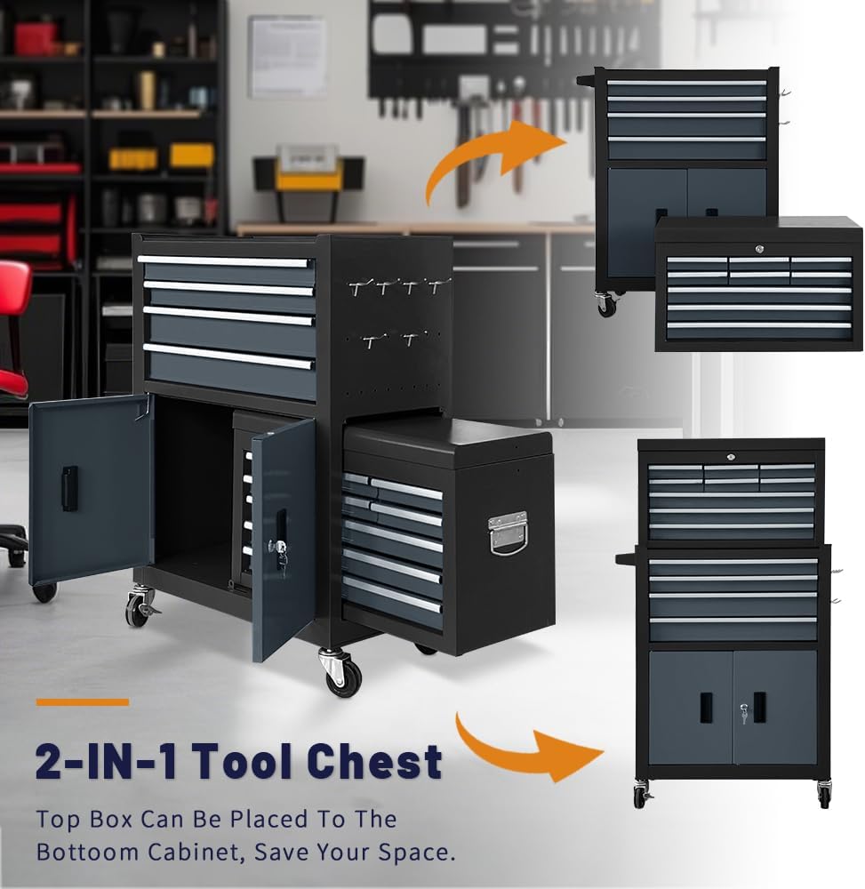 13-Drawer Rolling Tool Chest with Double Doors, 2 in 1 Detachable Rolling Tool Chest with Drawers, Mobile Tool Cabinet Combo, Metal Large Lockable Tool Box for Garage Workshop (Black-Gray)