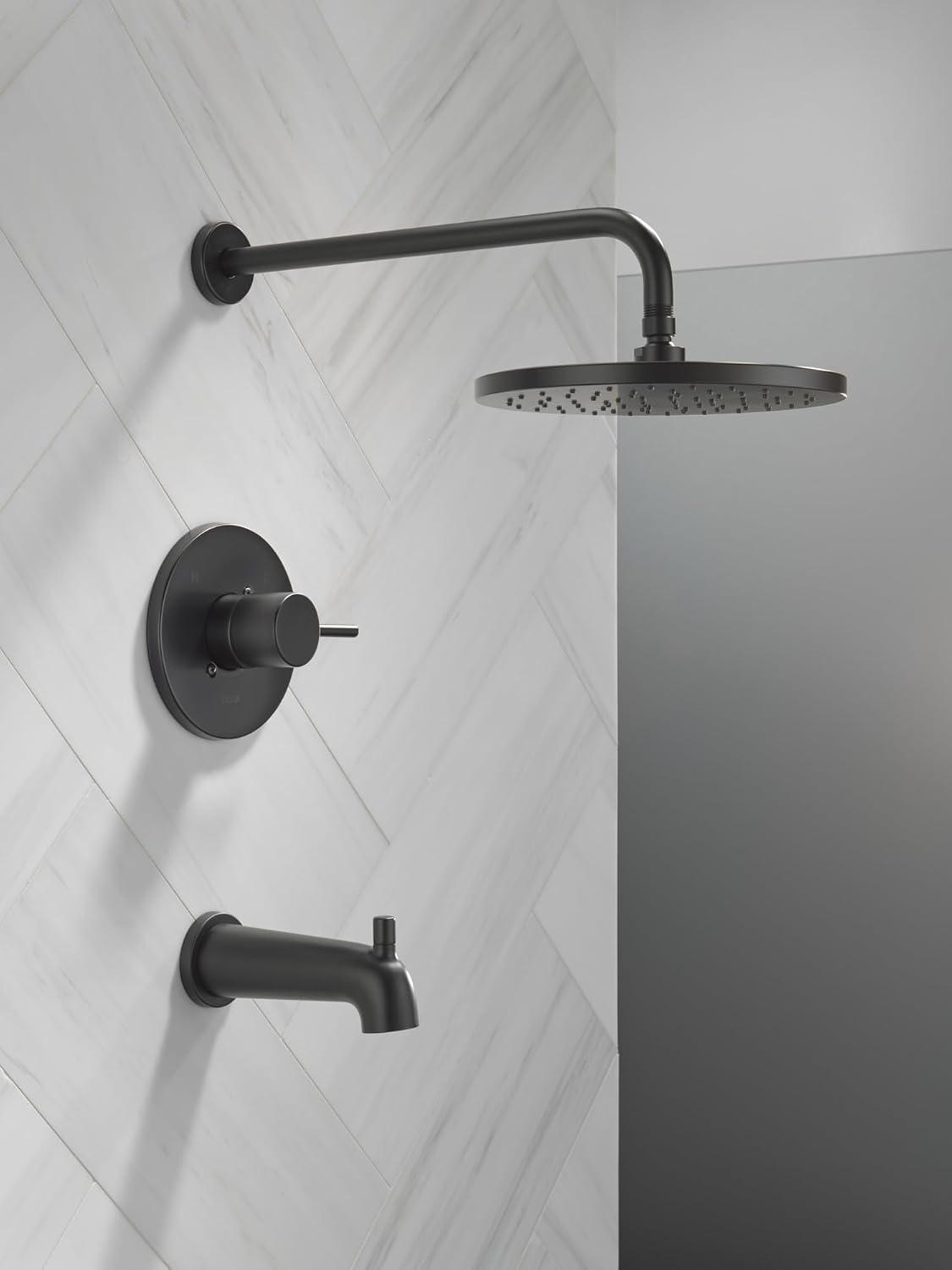 Delta Modern 14 Series Round Rain Bathtub and Shower Faucet Set, Rainfall Matte Black Shower Head and Handle Set, Valve Trim Kit, 10 Inch, Matte Black T14469-BL-PP (Valve Not Included)