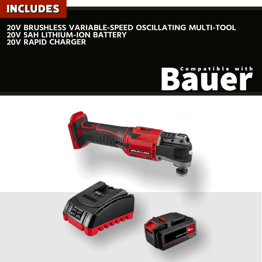 NEW! 20-Volt Lithium-Ion Cordless Combo Kit (Complete Power Tool Bundle) with 20V Brushless Variable-Speed Oscillating Multi-Tool, 5Ah Lithium Ion Battery & Rapid Charger - Fits All BAUER 20V Tools