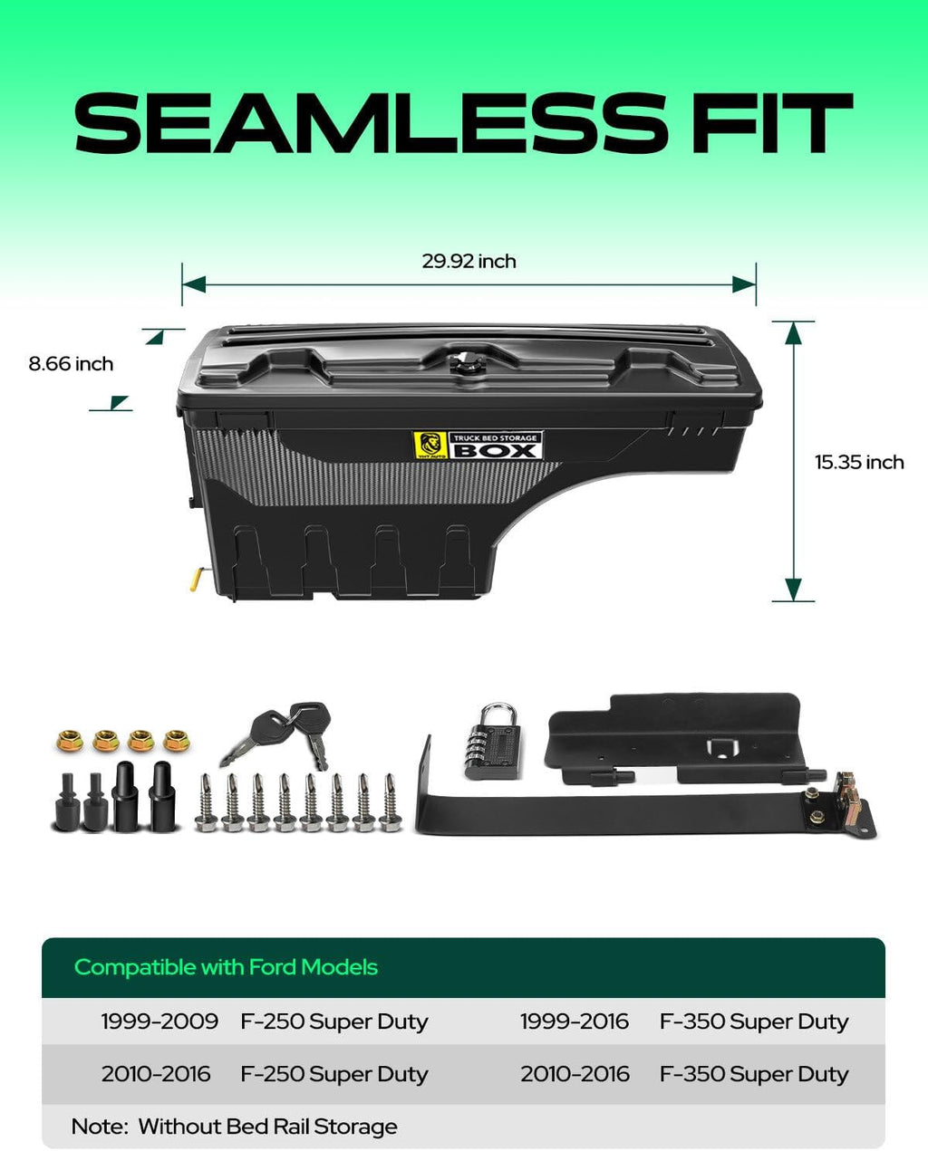 YHTAUTO Truck Bed Storage Tool Box Lockable Compatible with 1999-2016 Ford F-250 F-350 Super Duty, Driver Side, Without Bed Rail Storage, Swing Waterproof Wheel Well Toolbox