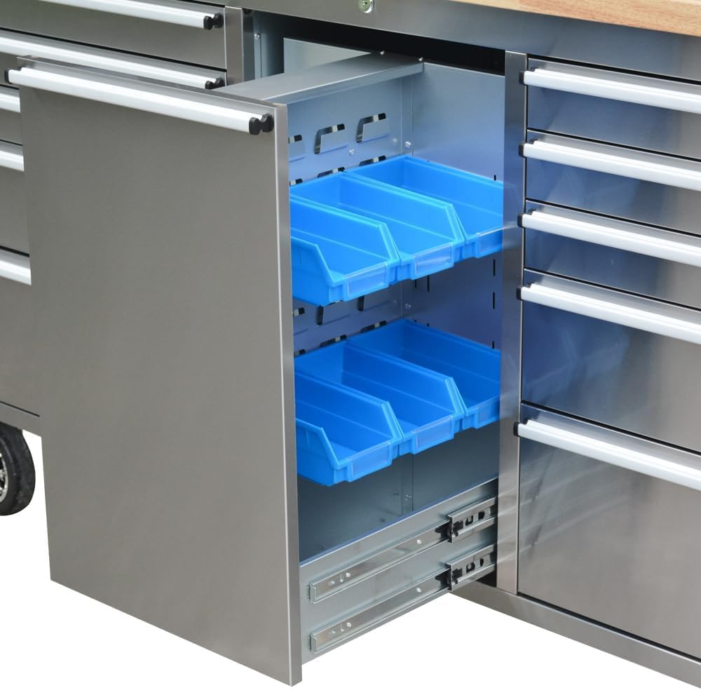 AnorTrek 72 inch Stainless Steel Tool Chest with 11 Drawer & 3 Up Cabinet & Pegboard, Large Lockable Mobile Workbench with 6 Blue Storage Bins, Rolling Tool Cabinet for Garage, Workshop