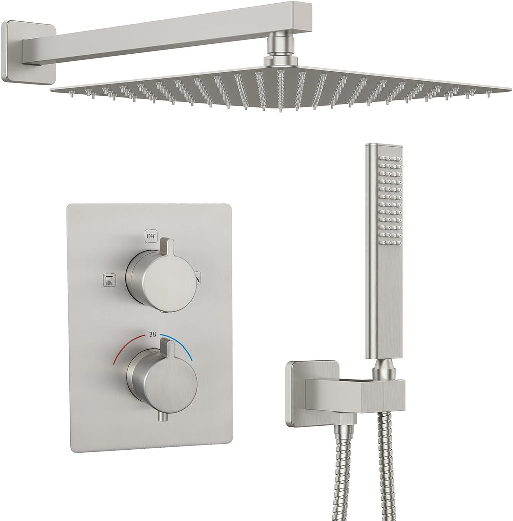 Iriber Thermostatic Shower System Wall Mount with 12 Inch Rainfall Shower Head and Handheld Bathroom Shower Set Contain Shower Faucet Mixer Valve Trim Kit (Valve Included),Brushed Nickel