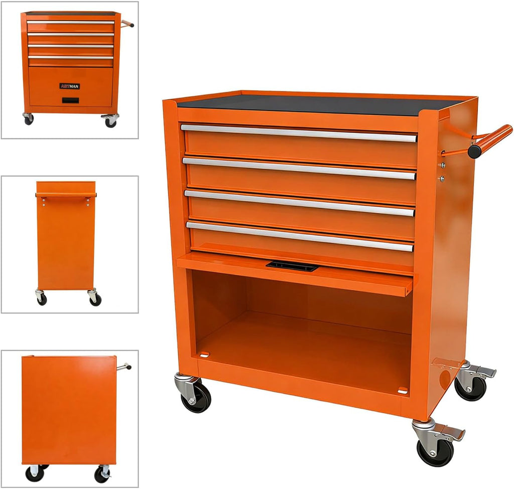 4-Drawer Tool Cart on Wheels, Drawers Rolling Tool Chest with 1 Cabinet, Mobile Trolley Organizer Tools Box with Locking Wheels & Ball Bearing Drawers for Garage,Warehouse,Repair Shop (Orange)
