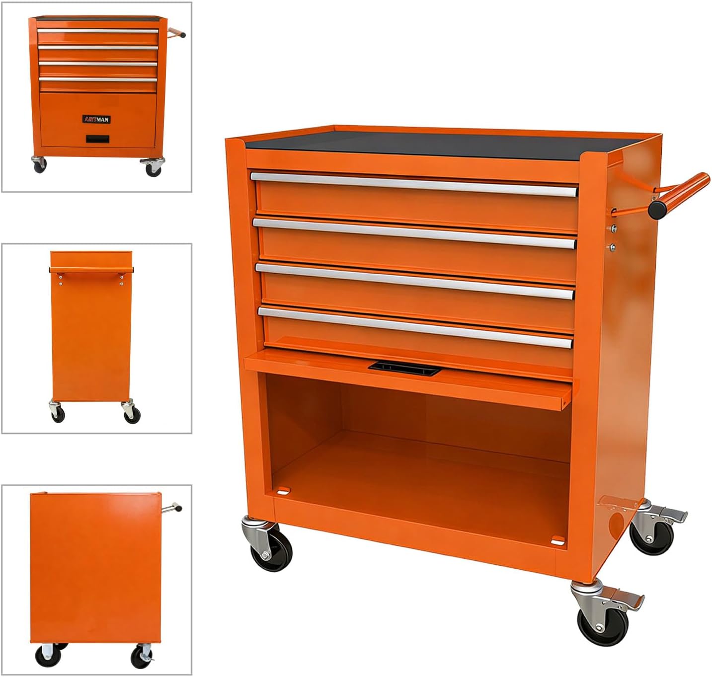 4-Drawer Tool Cart on Wheels, Drawers Rolling Tool Chest with 1 Cabinet, Mobile Trolley Organizer Tools Box with Locking Wheels & Ball Bearing Drawers for Garage,Warehouse,Repair Shop (Orange)
