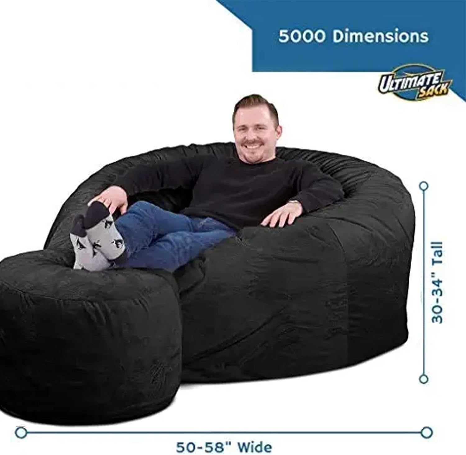 ULTIMATE SACK 5000 5-Foot Bean Bag Chair with Footstool, Charcoal Fur Cover – Oversized Foam Lounger, Floor Seat, Small Sofa, or Couch Bed for Living Area, Gaming Room, or Reading Lounge