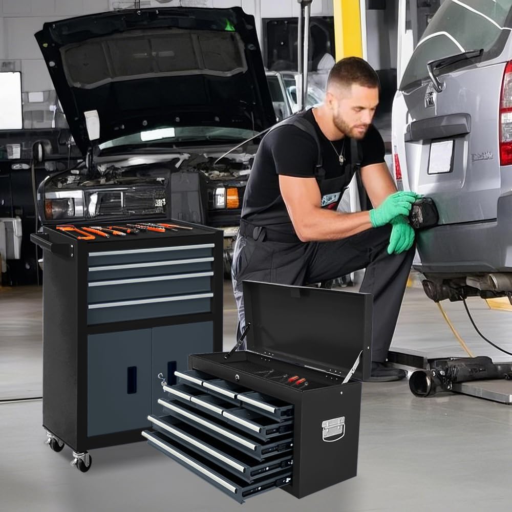 13-Drawer Rolling Tool Chest with Double Doors, 2 in 1 Detachable Rolling Tool Chest with Drawers, Mobile Tool Cabinet Combo, Metal Large Lockable Tool Box for Garage Workshop (Black-Gray)