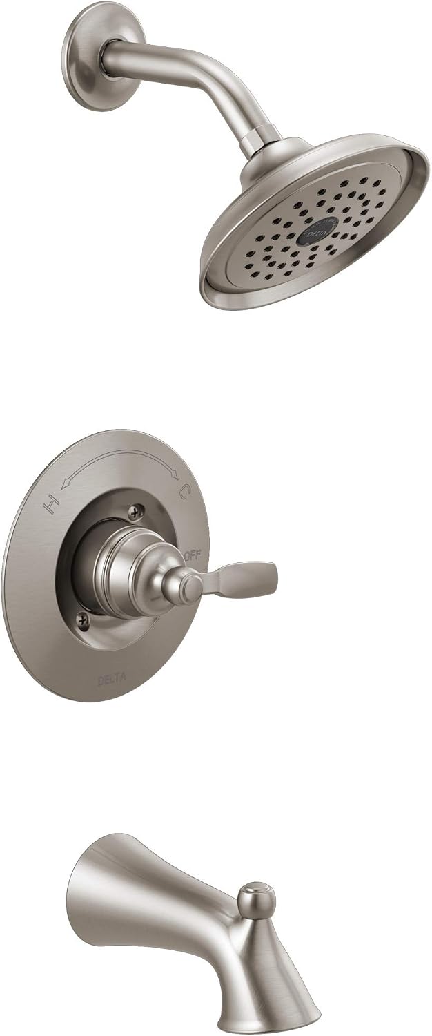 Delta Faucet Woodhurst 14 Series Single-Handle Brushed Nickel Tub and Shower Faucet, Shower Trim Kit with Single-Spray Brushed Nickel Shower Head, Stainless T14432-SS (Valve Not Included)