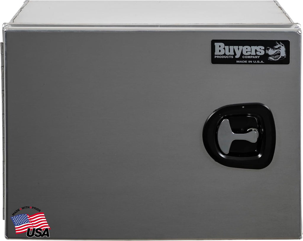 Buyers Products 1705401 Pro Series 18x18x24 Smooth Aluminum Underbody Truck Tool Box, Single Barn Door, Compression Latch, 0.125 in Thick, Rain Gutter & Bulb Seal, Bolt-On Stainless Hinge