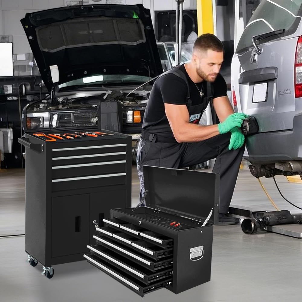 13-Drawer Rolling Tool Chest with Double Doors, 2 in 1 Detachable Rolling Tool Chest Combo, Mobile Tool Cabinet with Drawers, Metal Large Lockable Tool Box for Garage Workshop (Black)