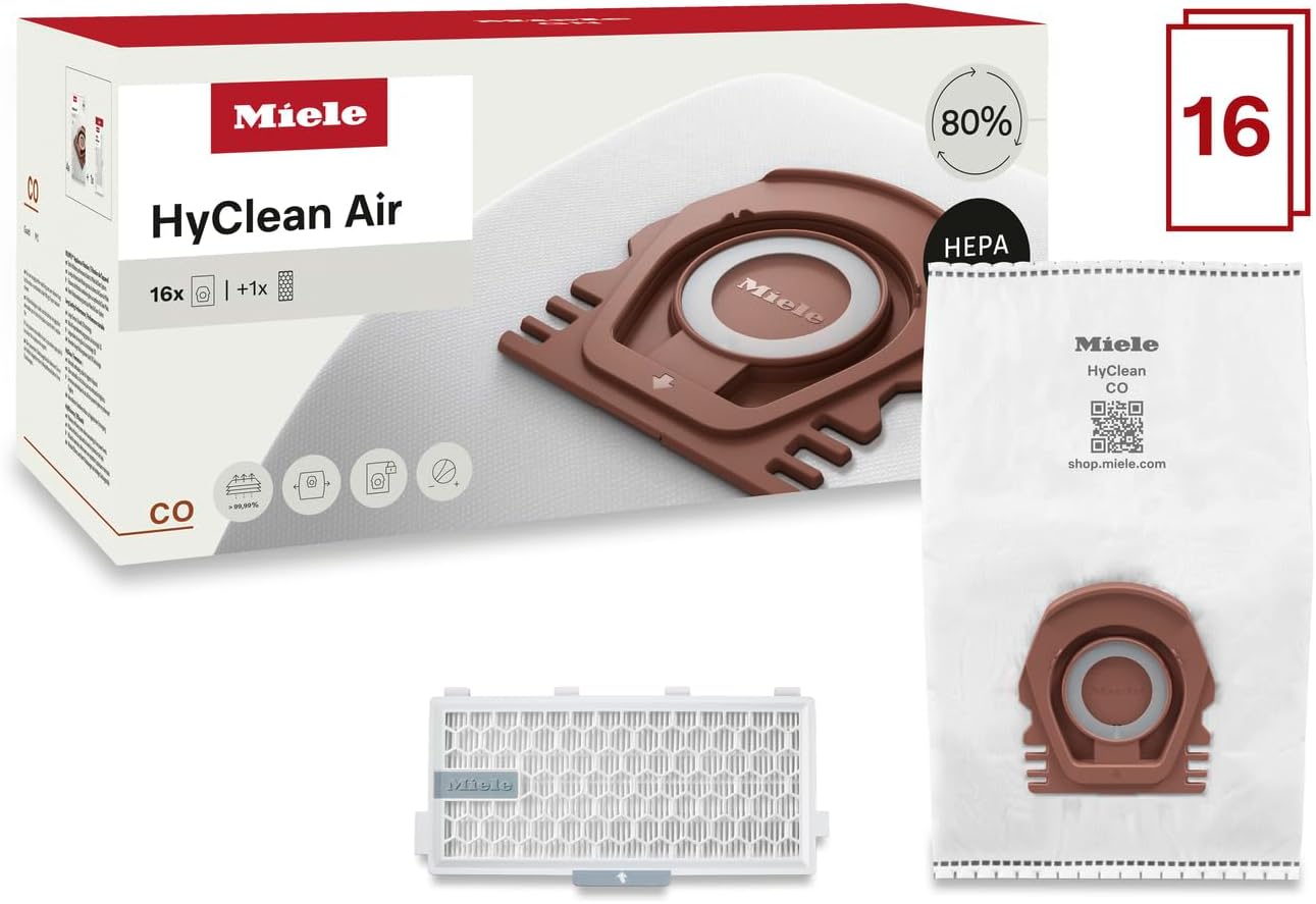 Miele HyClean Air CO Vacuum Cleaner Bags for Miele Guard M1 Vacuum Cleaners, Performance Pack of 16 Vacuum Bags and 1 SF-HA 50 HEPA AirClean Filter – 12909920