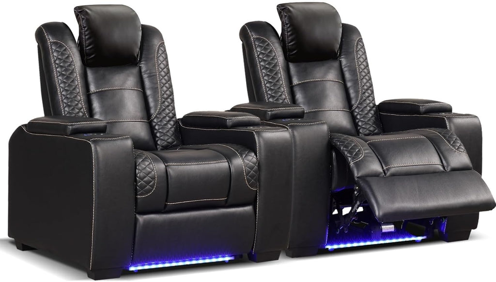 ANJ Power Home Theater Seating Set of 2, PU Leather Electric Recliner Chair with Adjustable Headrest, Movie Reclining Chairs with LED Lights,USB Port, Cup Holders, Hidden Arm Storage (Black)
