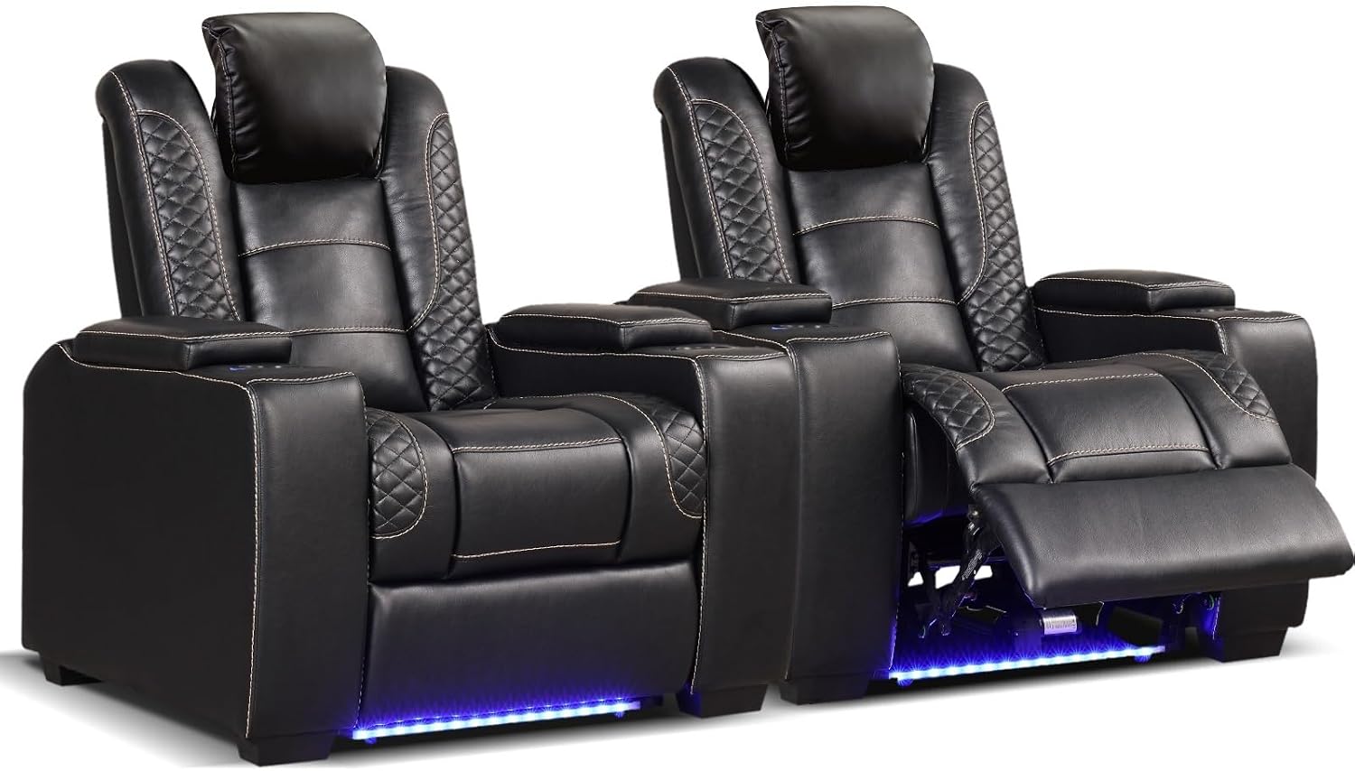 ANJ Power Home Theater Seating Set of 2, PU Leather Electric Recliner Chair with Adjustable Headrest, Movie Reclining Chairs with LED Lights,USB Port, Cup Holders, Hidden Arm Storage (Black)